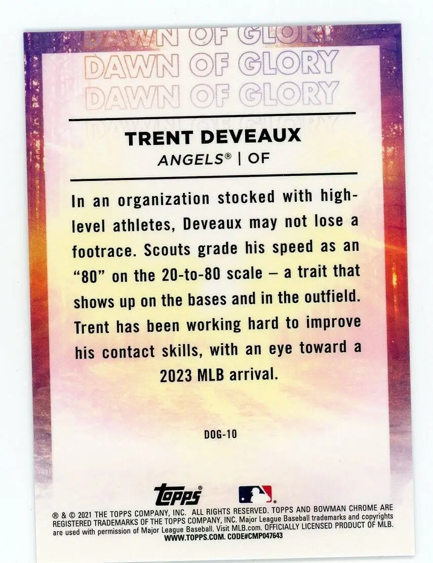 Trent Deveaux baseball card from 2021 Bowman Chrome Dawn of Glory for Los Angeles Angels