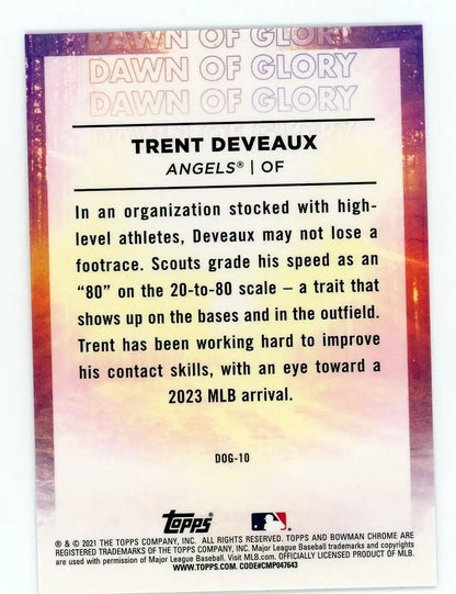 Trent Deveaux baseball card from 2021 Bowman Chrome Dawn of Glory for Los Angeles Angels