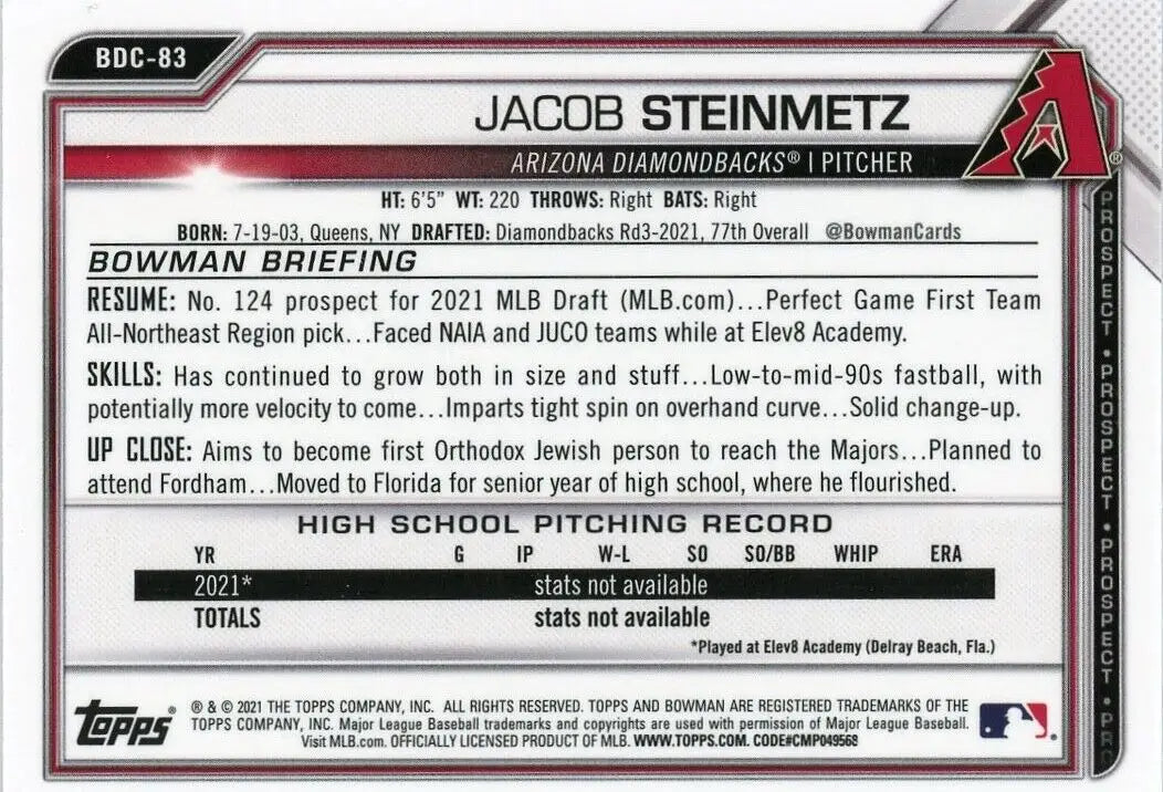 2021 Bowman Chrome Jacob Steinmetz 1st Bowman Arizona Diamondbacks Baseball card