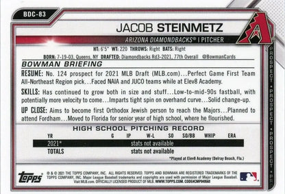 2021 Bowman Chrome Jacob Steinmetz 1st Bowman Arizona Diamondbacks Baseball card