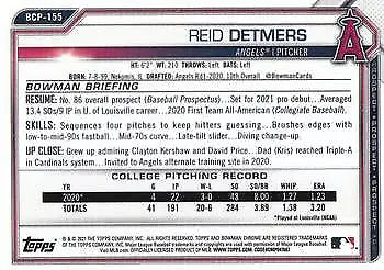 Reid Detmers 2021 Bowman Chrome Prospects baseball card Los Angeles Angels MLB