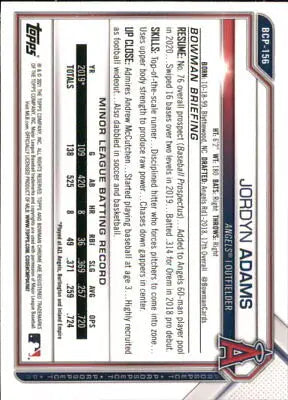 Baseball card back of 2021 Bowman Chrome Prospects Jordyn Adams Los Angeles Angels