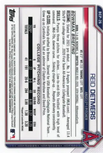 Reid Detmers baseball card from 2021 Bowman Chrome Prospects #BCP26 Los Angeles Angels