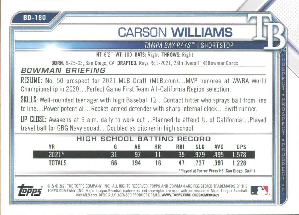 2021 Bowman Draft Carson Williams 1st Bowman Tampa Bay Rays MLB Baseball Card #BD-180