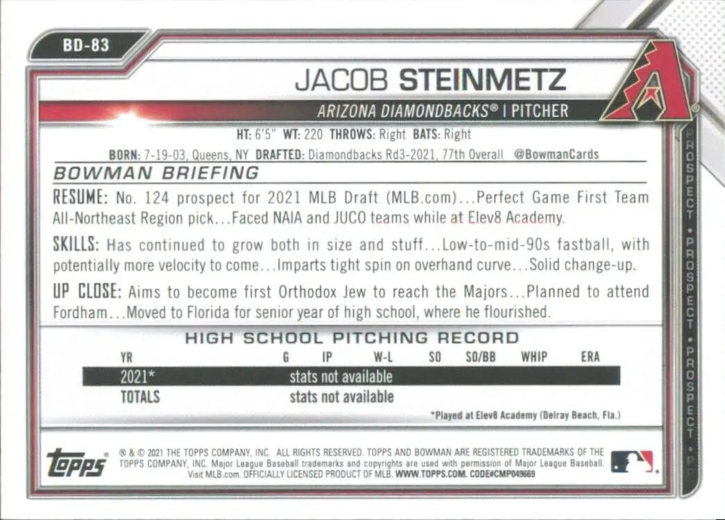 2021 Bowman Draft Jacob Steinmetz 1st Bowman Arizona Diamondbacks Baseball Card