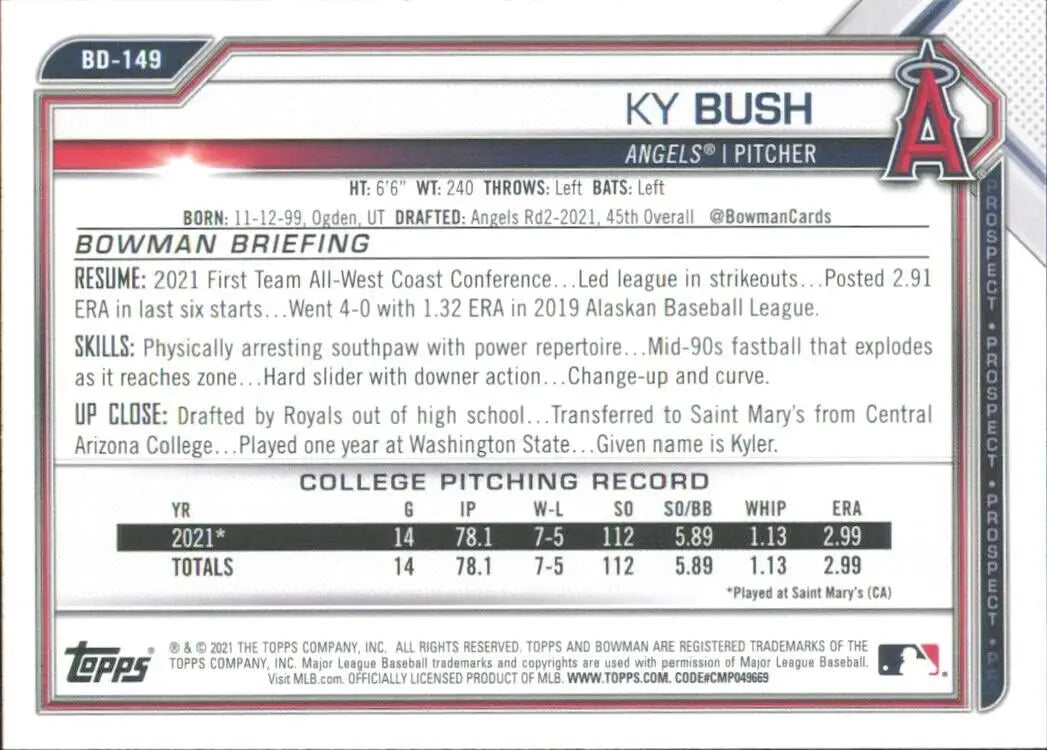 2021 Bowman Draft Ky Bush 1st Bowman Los Angeles Angels MLB Baseball card #BD-149