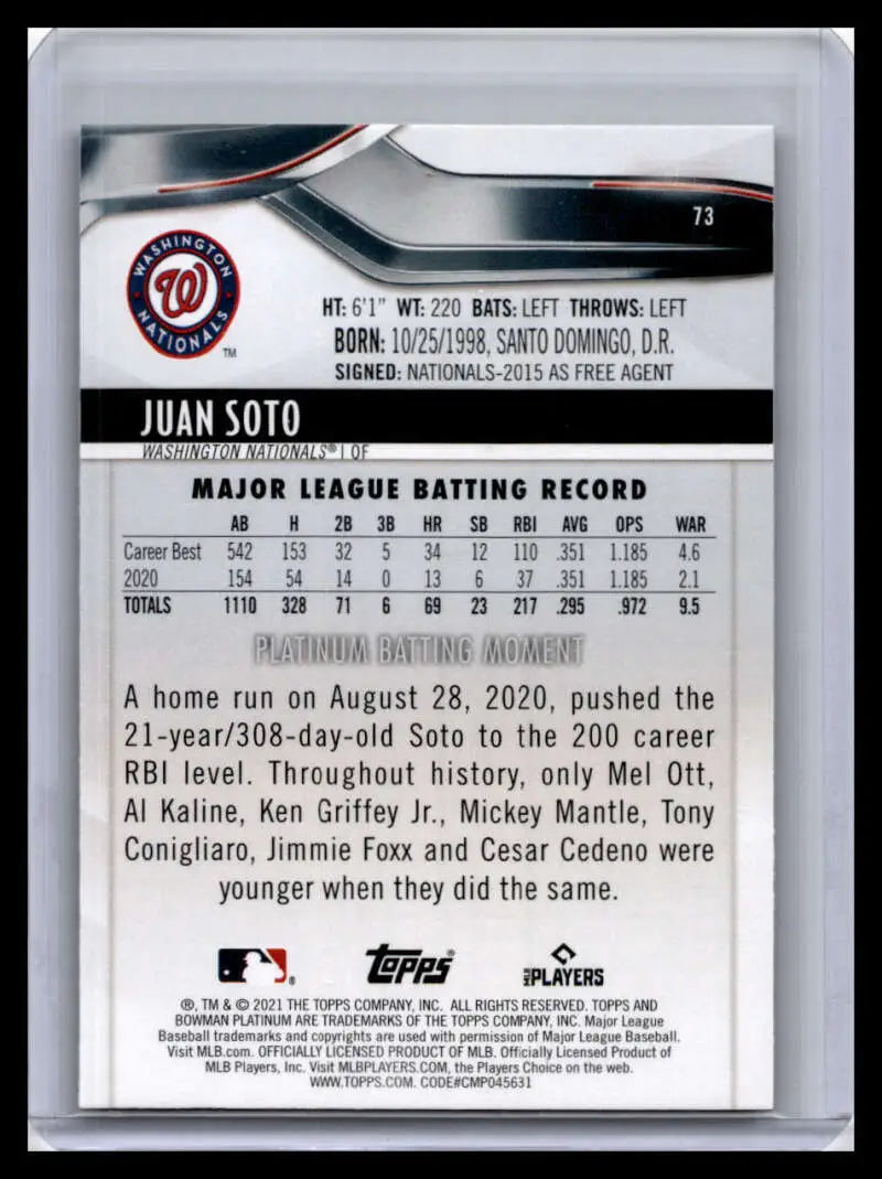 Juan Soto 2021 Bowman Platinum #73 baseball card showcasing career statistics and highlights