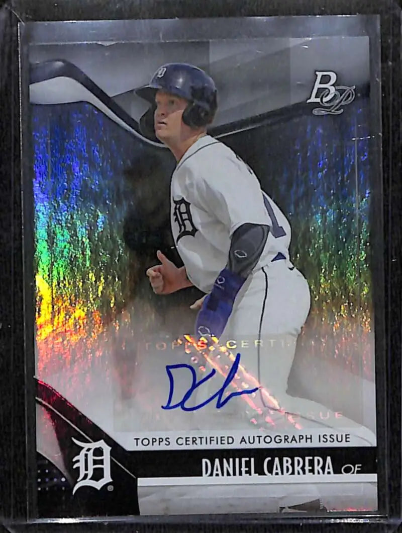 Signed Bowman Platinum baseball card of Daniel Cabrera with holographic rainbow effect