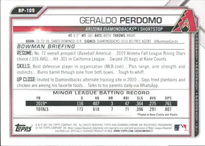 Geraldo Perdomo baseball card from 2021 Bowman Prospects, Arizona Diamondbacks edition