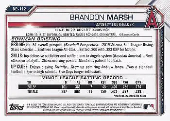 Back of 2021 Bowman Prospects #BP112 Brandon Marsh Los Angeles Angels MLB Baseball card