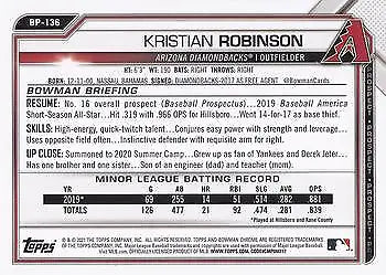 Kristian Robinson baseball card from 2021 Bowman Prospects Arizona Diamondbacks NM-MT