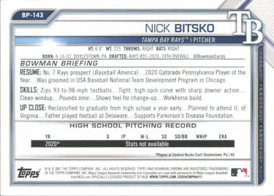 2021 Bowman Prospects Nick Bitsko Tampa Bay Rays Baseball Card NM-MT