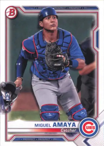 Baseball card of Miguel Amaya in catching stance for Bowman Prospects Chicago Cubs