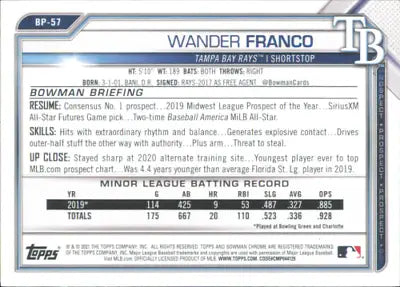 Wander Franco 2021 Bowman Prospects #BP57 Tampa Bay Rays Baseball Card NM-MT