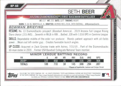 2021 Bowman Prospects #BP60 Seth Beer Arizona Diamondbacks Baseball Card for collectors