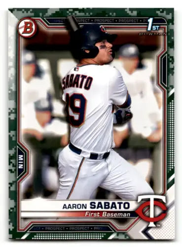 Baseball card of Aaron Sabato in Twins uniform, part of Bowman Prospects Camo collection