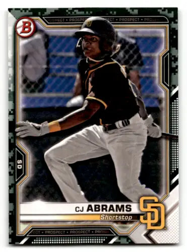 Baseball card of CJ Abrams in black uniform, 2021 Bowman Prospects Camo