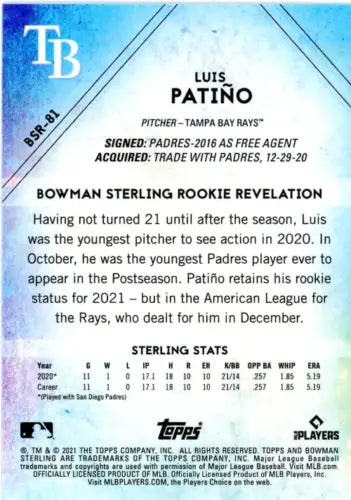 Back of 2021 Bowman Sterling Rookies #BSR81 Luis Patino Tampa Bay Rays Baseball card