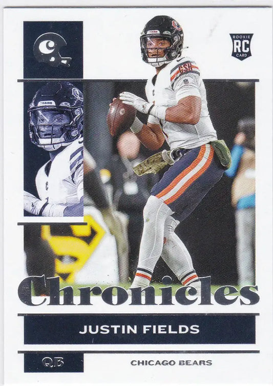 Football trading card of Justin Fields RC Chicago Bears in white uniform