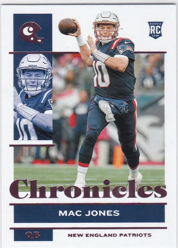 Football trading card of Mac Jones in a throwing pose from 2021 Chronicles Pink RC Patriots