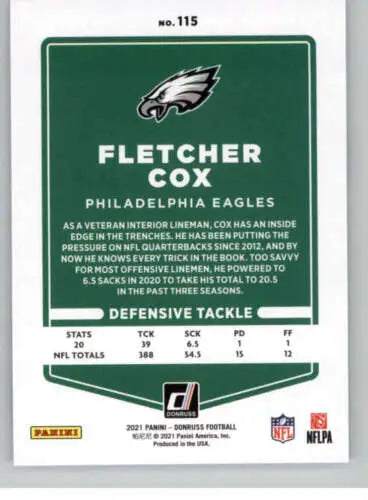 Fletcher Cox football card from 2021 Donruss, showcasing original gloss and NM-MT condition