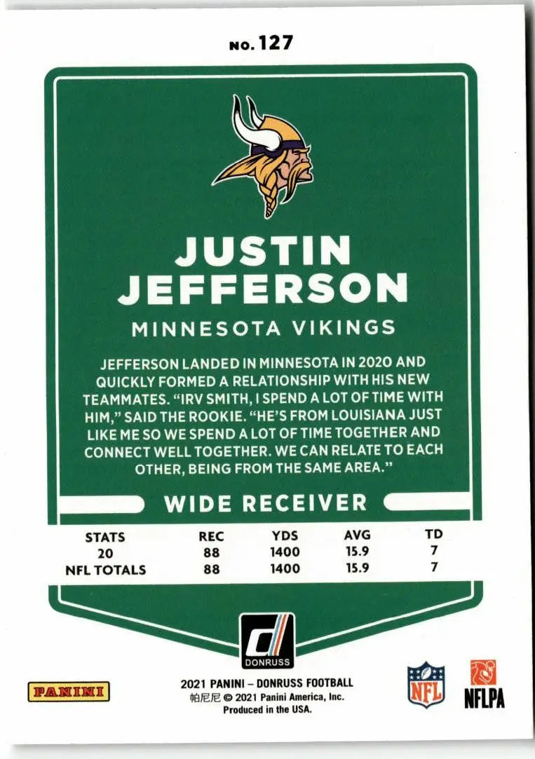 Justin Jefferson Minnesota Vikings trading card from 2021 Donruss #127