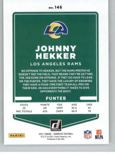 2021 Donruss #146 Johnny Hekker NM football card with original gloss for LA Rams fans