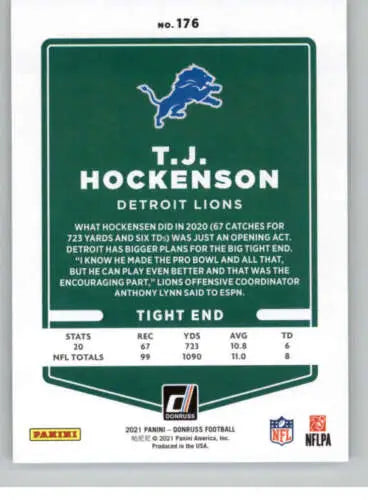 T.J. Hockenson 2021 Donruss #176 NM-MT Lions football card with original gloss finish