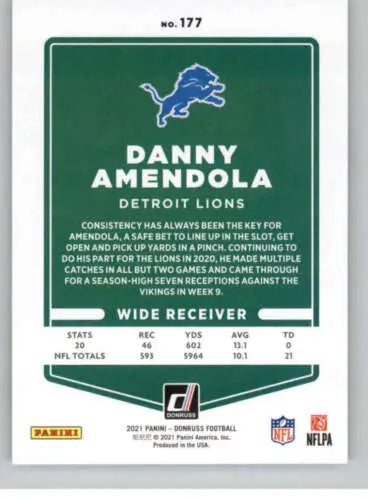 2021 Donruss #177 Danny Amendola NM-MT Lions football card with original gloss finish