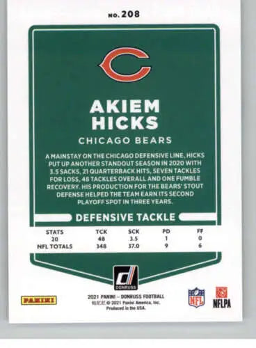 2021 Donruss #208 Akiem Hicks NM-MT Bears card with original gloss, cards typically sell well