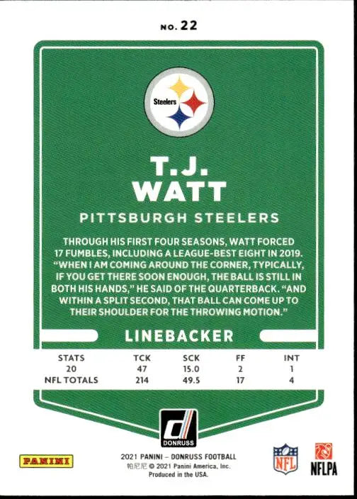 Green football trading card of T.J. Watt with Pittsburgh Steelers logo and stats