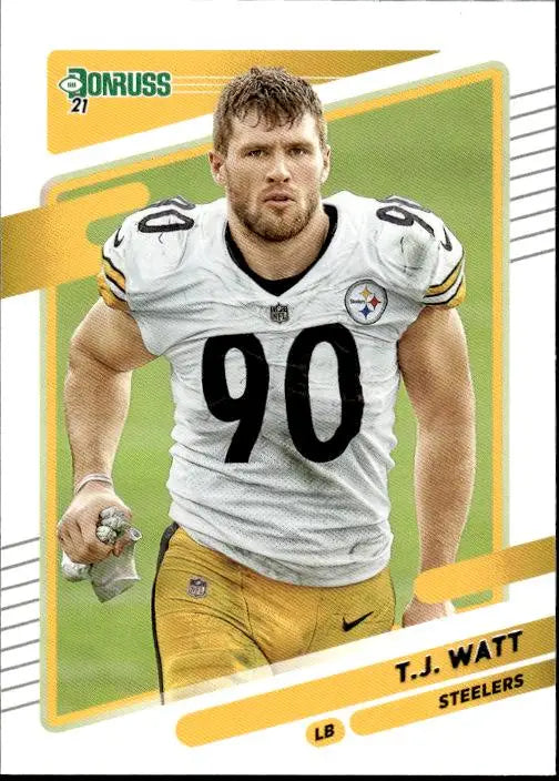 Pittsburgh Steelers player T.J. Watt in white jersey number 90 for 2021 Donruss