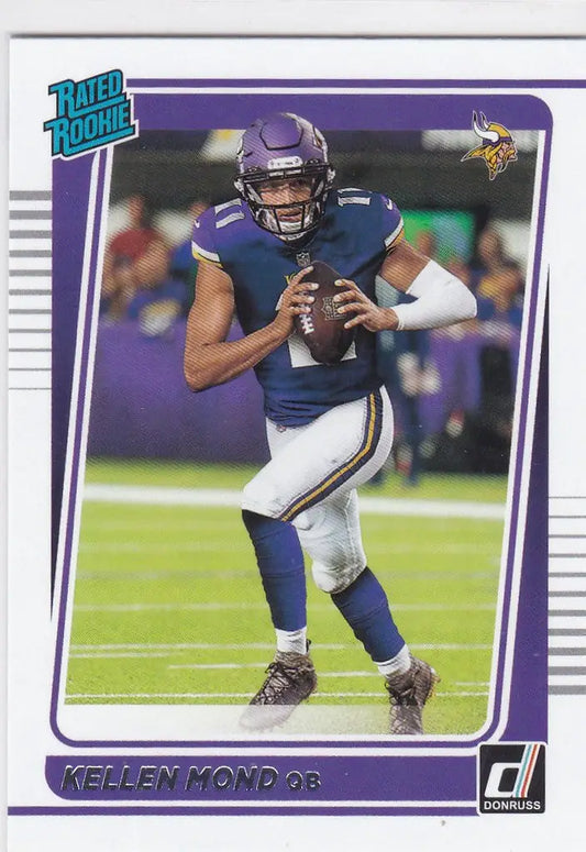 Kellen Mond in Minnesota Vikings uniform preparing to throw a pass in 2021 Donruss card