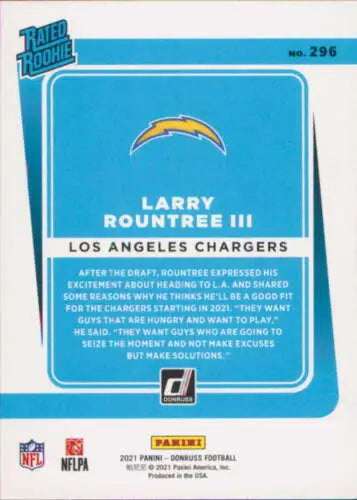 Football card back of Larry Rountree III from 2021 Donruss with original gloss finish