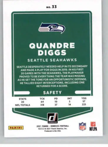 2021 Donruss #33 Quandre Diggs NM-MT football card with original gloss and Simply Sandoval design