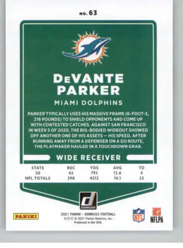 2021 Donruss #63 DeVante Parker football card with original gloss for collectors