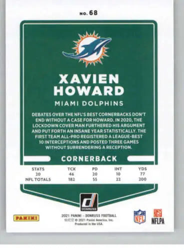 Xavien Howard football card 2021 Donruss #68 original gloss Dolphins collectible