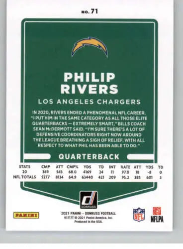 Philip Rivers football card from 2021 Donruss #71 NM-MT LA Chargers with original gloss