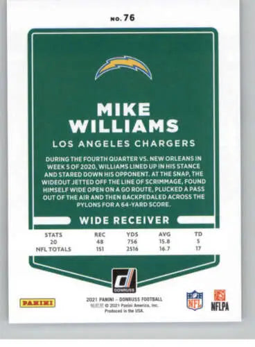 Mike Williams football card from 2021 Donruss #76 with original gloss for LA Chargers