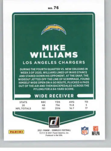 2021 Donruss #76 Mike Williams NM football card in mint condition for LA Chargers fans