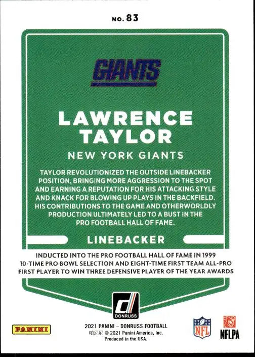 Green football trading card of Lawrence Taylor, New York Giants, 2021 Donruss #83