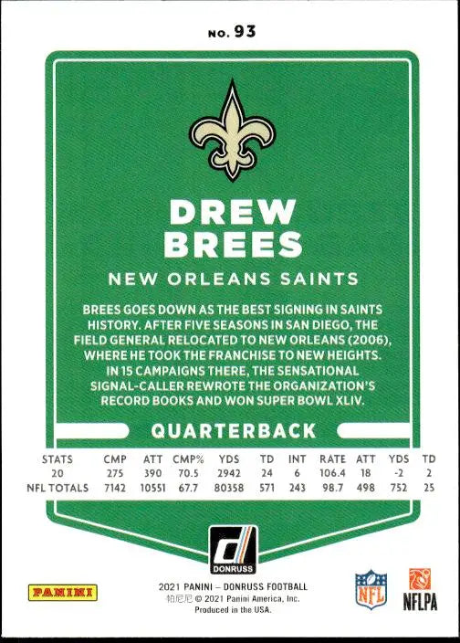 Green football trading card of Drew Brees with New Orleans Saints logo and stats