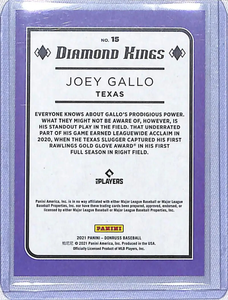 Back of 2021 Donruss Holo Purple #15 Joey Gallo Texas Rangers Baseball Card showing stats