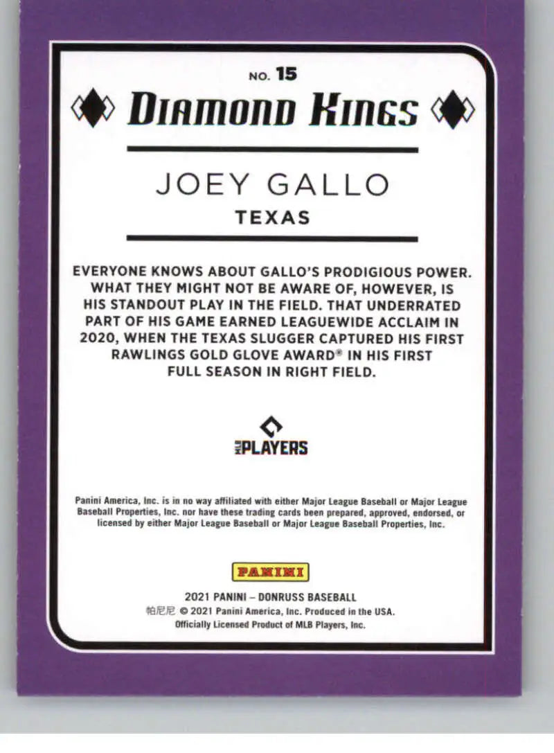 Joey Gallo Holo Purple Texas Rangers Baseball Card from the Diamond Kings series