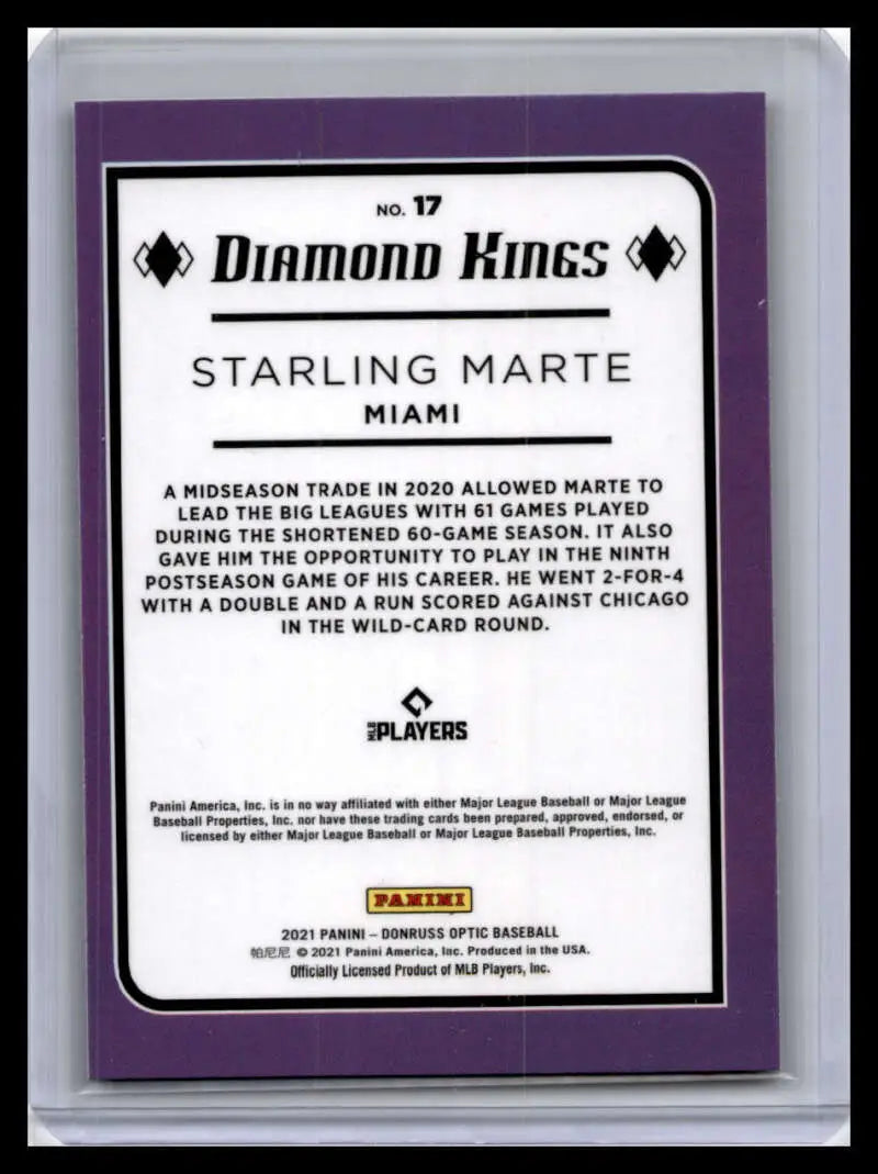 Starling Marte Miami Marlins baseball card with statistics and purple border design