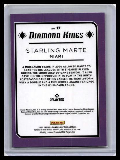 Starling Marte Miami Marlins baseball card with statistics and purple border design