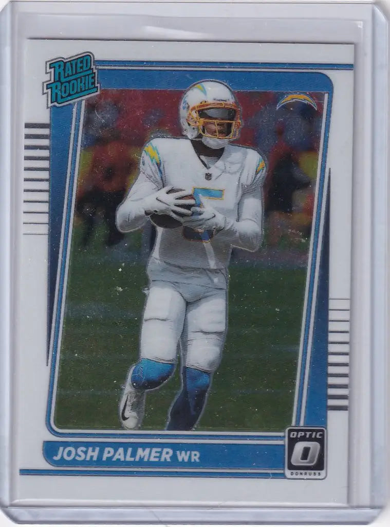 Football trading card of Josh Palmer Los Angeles Chargers in white and light blue uniform