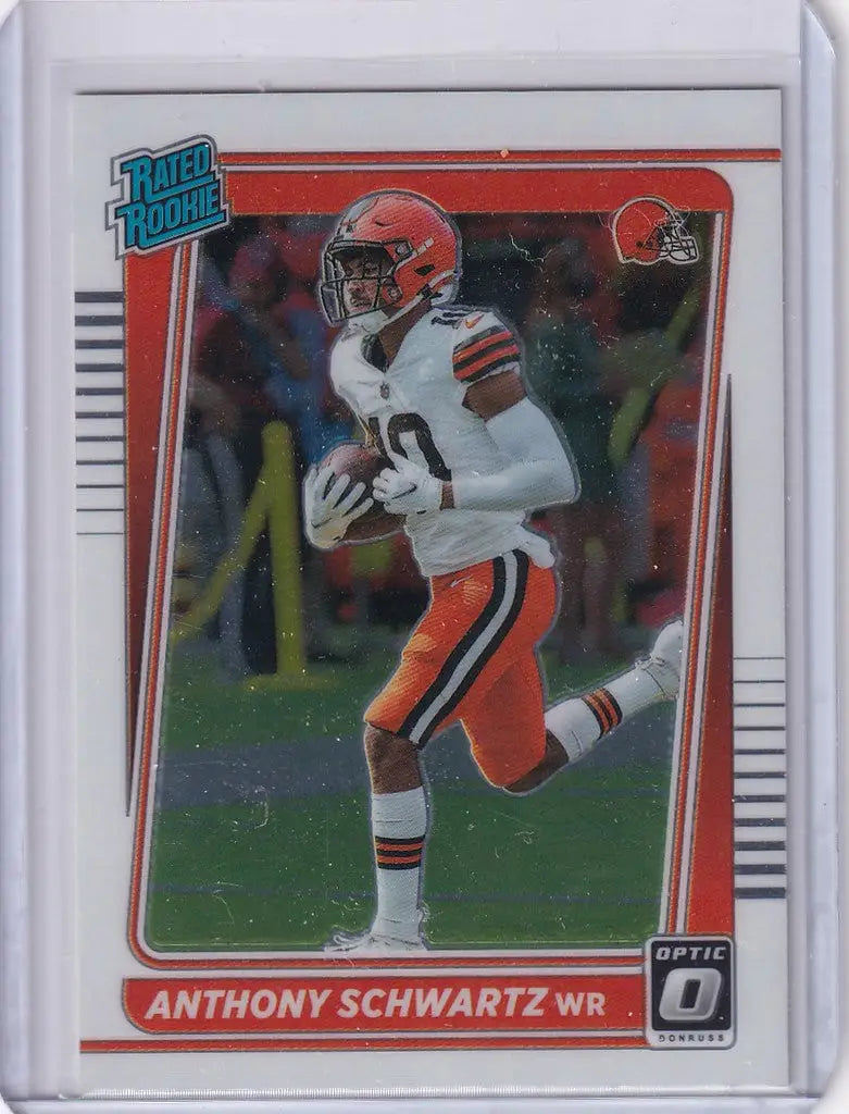 Football trading card of Anthony Schwartz Cleveland Browns in action, Donruss Optic