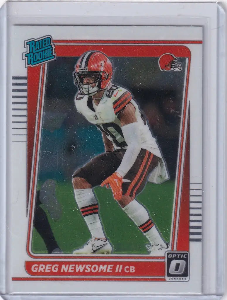 Football trading card of Greg Newsome Cleveland Browns in white uniform and orange helmet