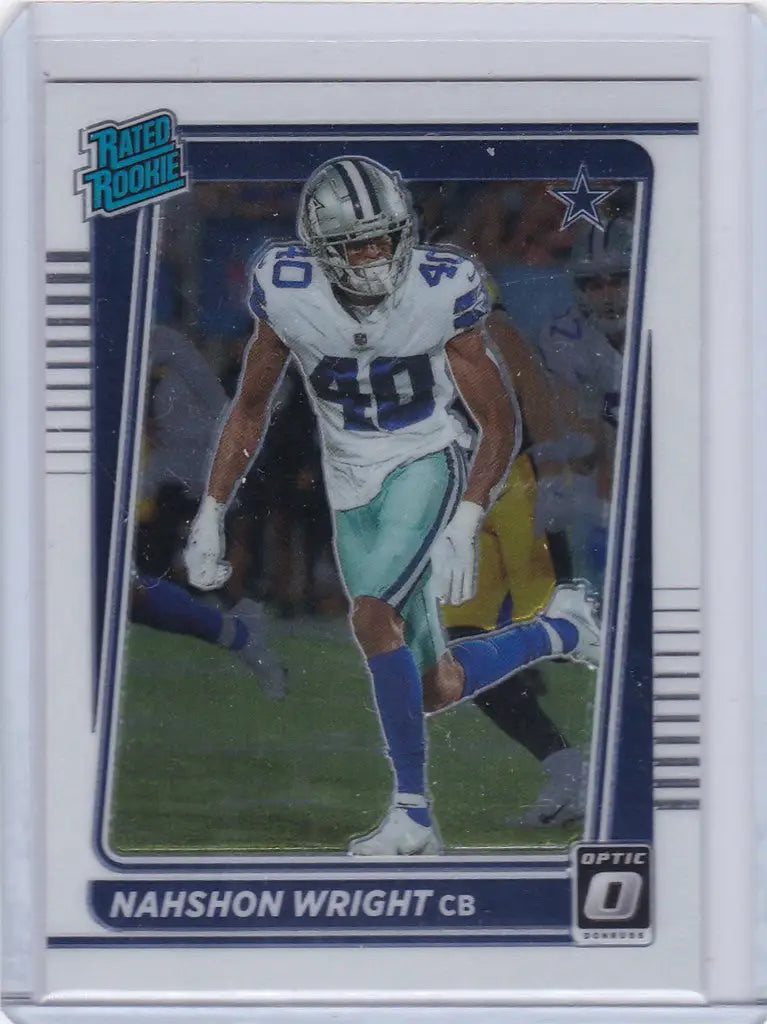 Football trading card of Nahshon Wright Rated Rookie Dallas Cowboys #30 jersey